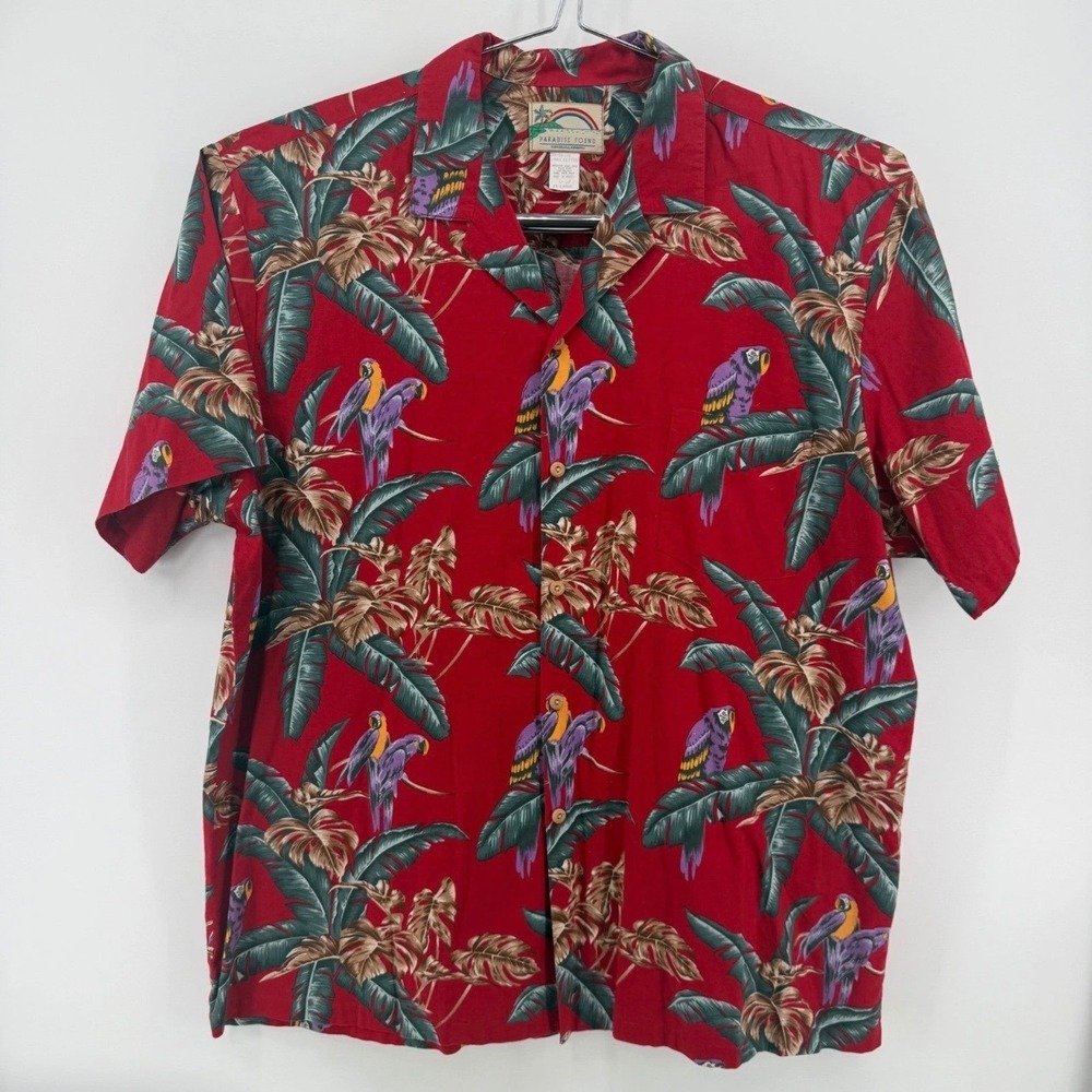 Paradise Found Hawaiian Shirt Mens 2XL Parrot Palm Leaf Cotton Red Tropical